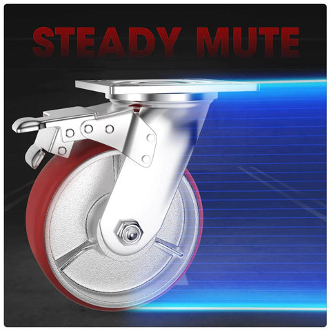 6 Inch Heavy Duty Locking Caster Wheels Set of 4, Swivel Plate Casters with Brake, No Noise Polyurethane on Steel Wheels