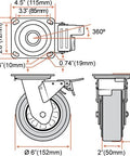 Technical diagram of 6 x 2 Inch Heavy Duty Locking Swivel Caster Wheels Set of 4 dimensions and rotation feature details.