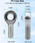 Diagram showing dimensions of 7/8 x 7/8-14 Heim Joint Rod End Kit with Right and Left Hand Threads for steering and suspension.