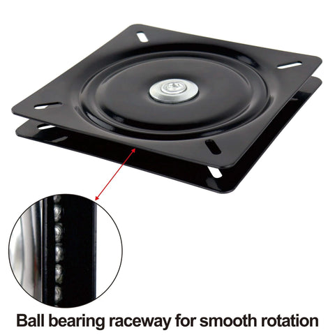 Close-up of 2 Pack 7 Inch Square Lazy Susan Turntable Bearings, Heavy Duty Zinc Plated Swivel Hardware for Smooth Rotation, Black Replacement Plates