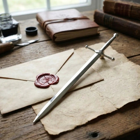 Vintage Sword Style Letter Opener For Envelopes And Mail With Slick Precision Slitter And Ergonomic Silver Handle on desk