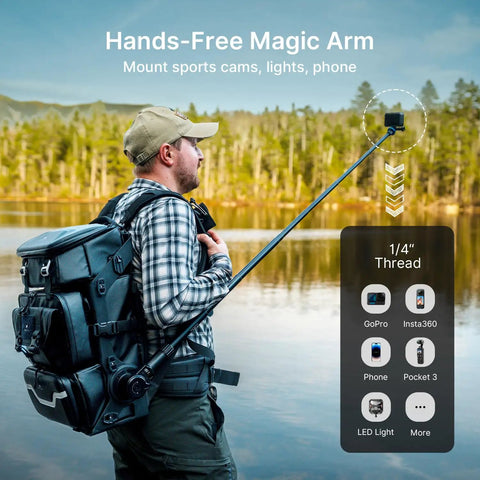 Person using Lancer Camera Backpack with 1.5m extendable magic arm for hands-free POV filming, showing camera and nature background.