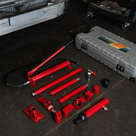 10 Ton Hydraulic Porta Power Jack Ram Badass Auto Body Frame Repair Tool, red tools in case, heavy duty, carbon steel.