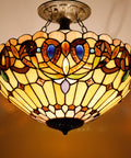 Tiffany Style Ceiling Light Fixture With Victorian Stained Glass Look Semi Flush Mount Lamp 16 Inch Shade, illuminated view
