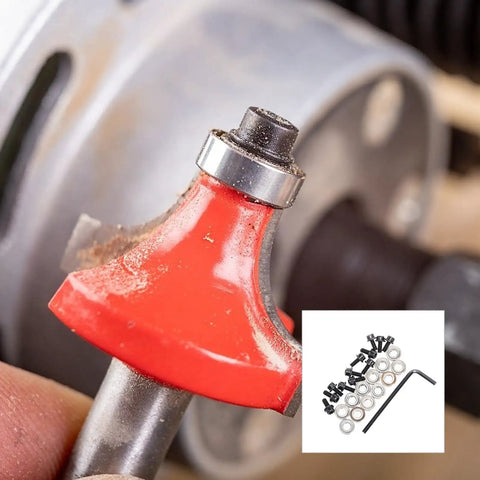 Close-up of Top Shelf Router Bit Replacement Bearing Kit With Top Mounted Ball Guide, showcasing red router bit and bearing.