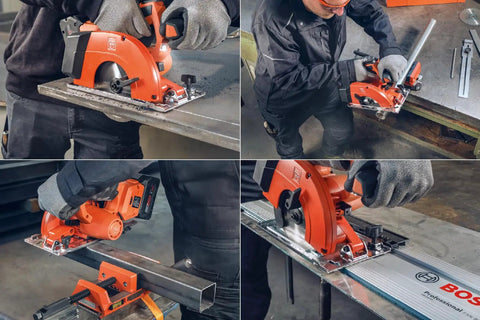 Built Tough Cordless Circular Saw For Zero Sweat Cold Cutting Sheet Metal And Pipe No Spark Action Dang Precise Profiling Up To Fifty Seven Millimeter Depth With Six Adjustable Speed Settings 18V Battery Ready in use cutting metal.