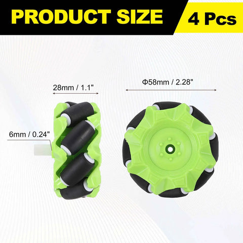 Green Mecanum robot wheels, 58mm size for DIY projects