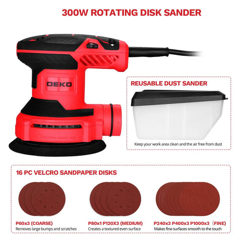 Heavy Duty 5-Inch Orbital Sander With Dust Collection, 14,000 RPM, 6 Variable Speeds, 16 Sandpapers Included for woodworking