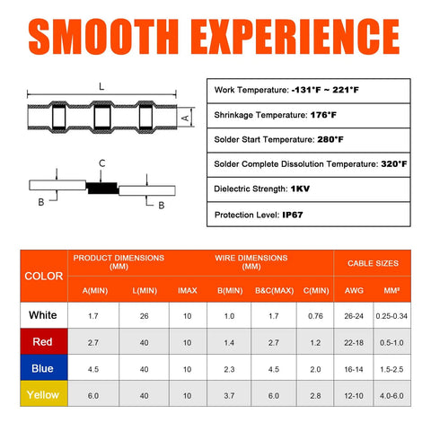 Heat Shrink Solder Seal Wire Connector Kit Waterproof Insulated Solderless Wiring Splice Connectors dimensions and specs