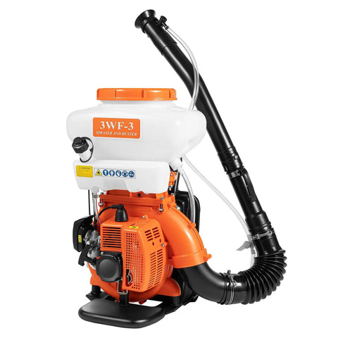 Backpack Sprayer And Garden Blower 43cc Gas Powered With 14 Liter Tank, 2.13 KW Engine, CDI Recoil Start, side view, white background.