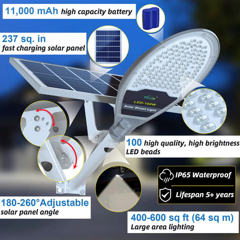 Solar Street Light For Driveways And Yards Super Bright Outdoor Lighting Waterproof And Solar Powered 11000mAh Battery No Wiring Needed Ideal For Barns And Remote Areas, showcasing LED light and solar panel design