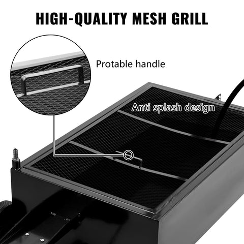 High-quality mesh grill of Low Profile 25 Gallon Oil Drain Pan With 110V High Flow Electric Pump showing anti-splash design and handle.