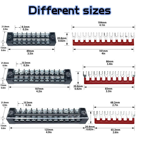 Heavy Duty Dual Row Bus Bar Terminal Block Kit With Pre Insulated Covers For Straight Up Clean Ground Circuit Wiring 600V 15A Power Distribution Strip 6 Set Pack various sizes and dimensions