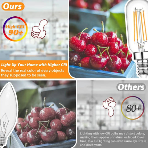 Comparison of LED Candelabra Bulbs showing color accuracy with high CRI 90+ for brighter, realistic fruit colors.