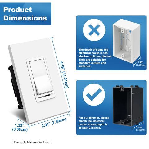 Dimensions of Flicker Free Dimmer Switch Pack For LED CFL Incandescent And Halogen Bulbs, 10 Pack, Single Pole Or 3 Way