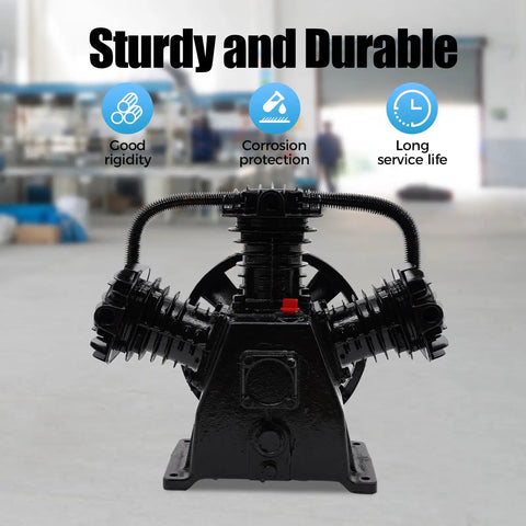 Heavy Duty 4 To 5 Horsepower Replacement Air Compressor Pump Head with three cast iron cylinders, showcasing durability and performance.