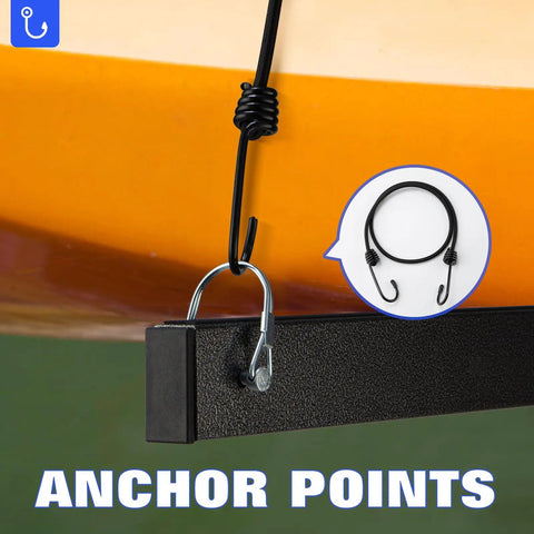 Close-up of anchor points on solid freestanding kayak storage rack with four tier paddle board holder for secure storage.