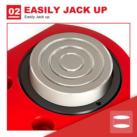 Close-up of Heavy Duty Single Acting Hydraulic Ram Cylinder Jack with a Kick Ass Low Profile Build, showing the sleek design and smooth lifting surface.