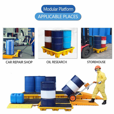 Stackable Oil Drum Spill Containment Pallet With Drain Platform For Heavy Duty Industrial Spill Cleanup in use at various locations.