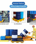 Yellow Spill Containment Pallet With Flat Top Grating for factory warehouse and basement storage handling oil drums safely