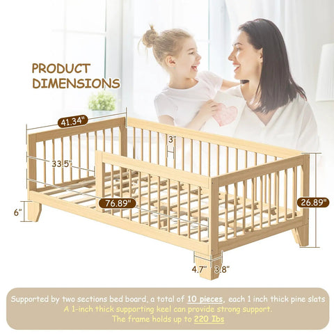 Low Profile Twin Floor Bed With Quick Release Guardrails And Sturdy Wood Frame dimensions with measurements and wooden slats.