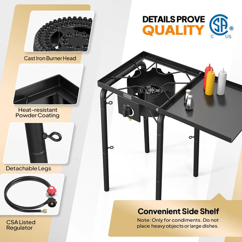 Single Burner Gas Stove With Side Shelf 100,000 BTU Portable Propane Stove showing details like cast iron burner and regulator