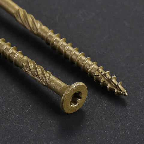 Size Ten Deck Screws 2 And 1 Quarter Inch Exterior Wood Screws, rust-resistant bronze finish, close-up view