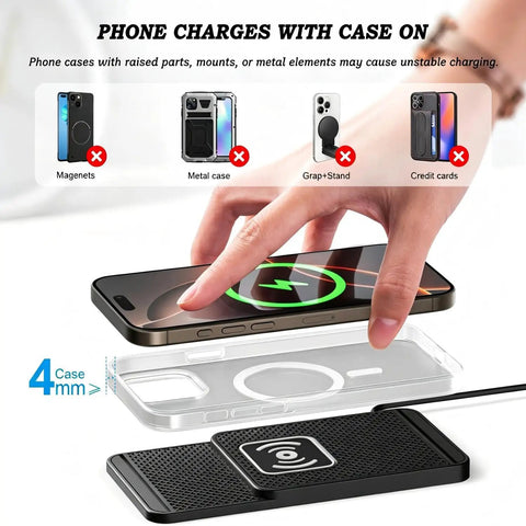 No Sweat Cordless Wireless Charging Pad For GMC Hummer EV SUV 2023 Through 2026 showing phone charging with case on.