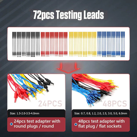 72pcs testing leads kit with various colored adapters, including 24pcs with round plugs and 48pcs with flat plugs for diagnostics