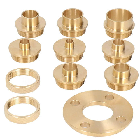Pro Grade Brass Template Router Guides Kit With Eight Bullseye Bushings And Beefy Lock Nuts, showing durable brass components for precise routing.