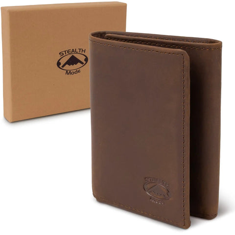 Trifold Leather Wallet For Men With RFID Blocking Napa Leather 9 Card Slots ID Window Divided Billfold with box, brown color