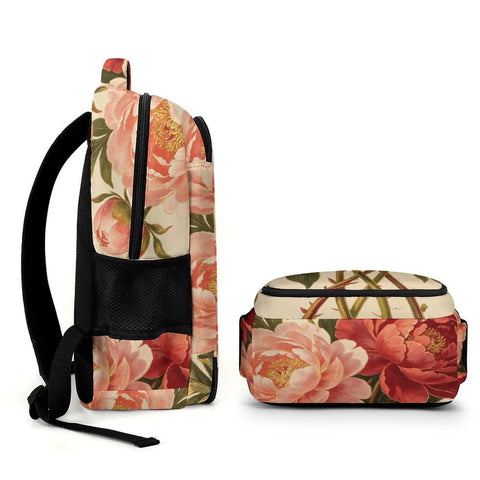 Vintage Peony Botanical Printed Backpack For Everyday Use Unisex Large Capacity Daypack side view with floral pattern