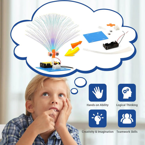Child dreaming of 7 Pack Fiber Optic Lamp STEM Kit For Kids Ages 8-13, Hands-On Science Projects, Light Experiments components.