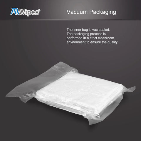 AAWipes cleanroom cloth wipes, front view, 6x6 in, 150-count, polyester, vacuum-sealed bag