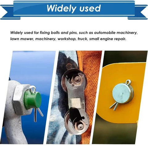 Stainless Steel U Cotter Pin Kit With 550 Pieces in use on machinery, showing assorted split pins and hairpin fasteners.