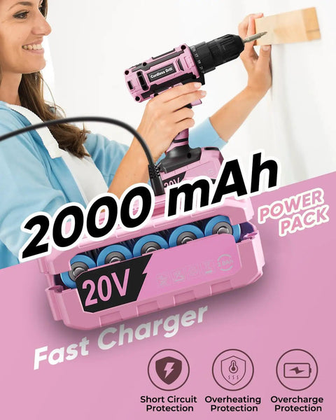 Pink Cordless Drill Set For Women 20V Lightweight Electric Power Drill With Three Eighths Inch Keyless Chuck Includes Power Pack And Charger Womens Tool Kit For Home Diy Projects And Quick Easy Household Fixes with battery and fast charger.