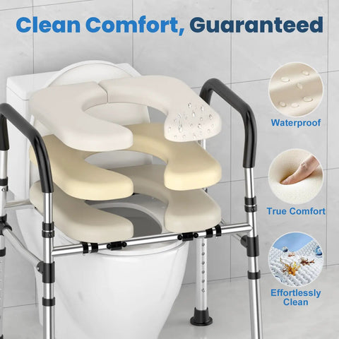 Premium Raised Toilet Seat Featuring Secure Grip Handles For Seniors And Pre And Post Surgery Recovery Built Tough With Anti Slip Base No Hassle Setup Supports Four Hundred Pounds FSA HSA Approved Bath Gear on a toilet with waterproof, padded seats.