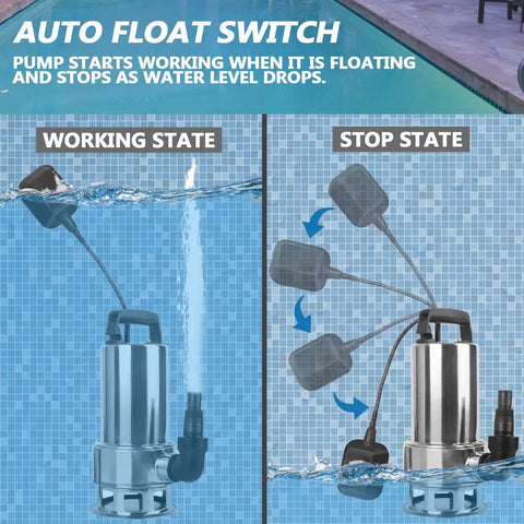 Diagram showing Tough As Nails 1.5HP Submersible Sump Pump 115V Stainless Steel in auto float switch working and stop states.
