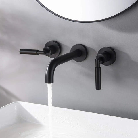 Matte Black Wall Mount Bathroom Faucet With Dual Handles, Solid Brass Construction, shown with water running, modern design