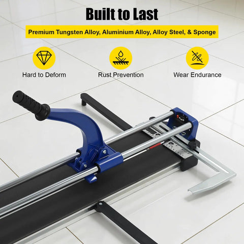 Heavy-Duty Manual Tile Cutter 31 Inch For Ceramic And Porcelain Tiles With Tungsten Blade and rail guides shown with handle and guide ruler.