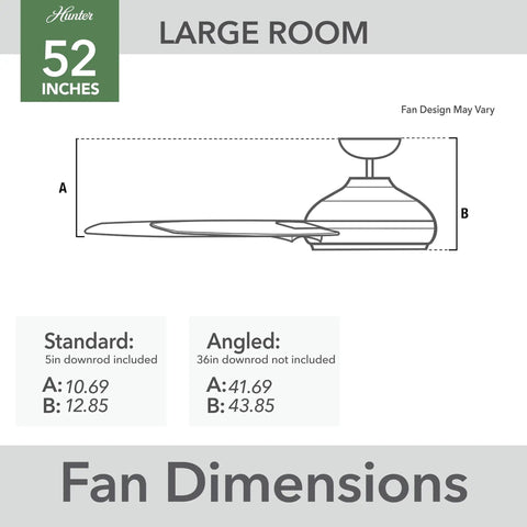 Diagram of 52 Inch Damp Rated Ceiling Fan With Reversible Blades Three Blades Matte Black No Light For Patio Porch Garage showing dimensions