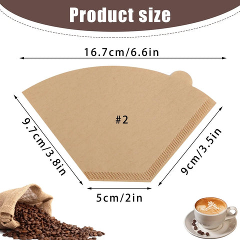 Diagram of 200 Count Unbleached Cone Coffee Filters For Drip And Pour Over with sizes; includes coffee beans and cappuccino.