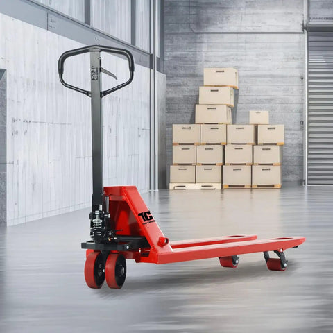 Heavy Duty Manual Pallet Jack With 6600 Lb Capacity Built Tough For Warehouse Grind Featuring 27 X 48 Inch Forks Polyurethane Wheels in warehouse.