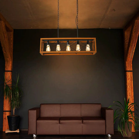 Plug In Five Light Pendant Lamp With E26 Sockets, Rectangle Wood And Metal Farmhouse Chandelier, Black Vintage Ceiling Light