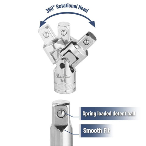 Socket Accessory Kit Ten Piece Chrome Vanadium Extension And Universal Joint Set with 360-degree rotational head detail.