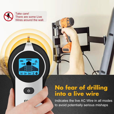 Digital Stud Finder And Wall Scanner With Hd Lcd Display And Loud Audio Alert, 5 In 1 Live Ac Wire Detector being used on a wall.