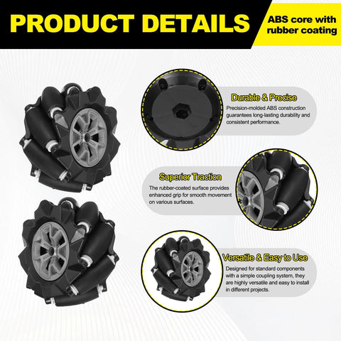 Mecanum wheel set for robotics with ABS rubber coating, displaying durable and versatile design for smart robot cars and DIY projects.