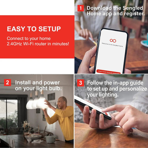 Steps to setup BR30 Smart Flood Light Bulbs With WiFi No Hub Needed 650 Lumen Daylight 60W Equivalent E26 Base Works With Alexa And Google Assistant, showing app download and installation.