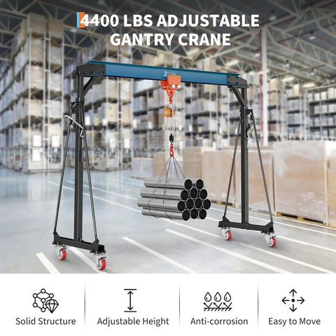 Portable 2 Ton Gantry Crane With Manual Trolley, 8-12 Ft Adjustable Height, Heavy Duty Shop Crane Lift Hoist With Hooks And Shackles For Warehouse, Factory And Workshop Use lifting steel pipes in a warehouse.