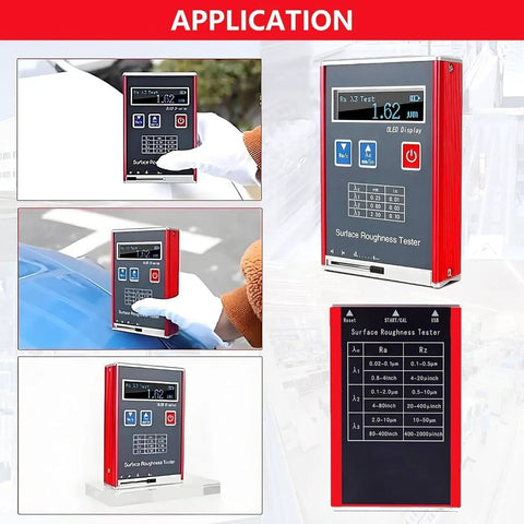 Surface Roughness Tester Profilometer with Ra Rq from 0.05 to 15.0 micrometers and Rz Rt from 0.1 to 50.0 micrometers, showing LED display and calibration use.